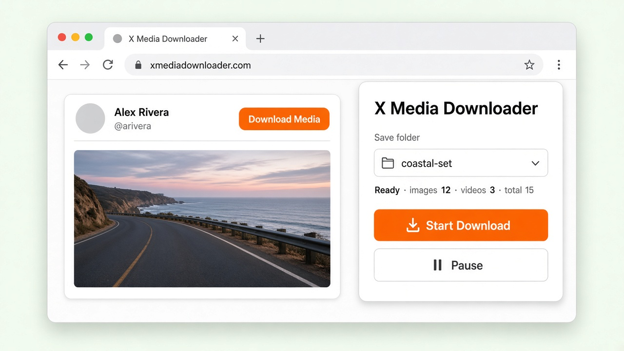 X Media Downloader on an X post, with Download Media and a bulk save panel